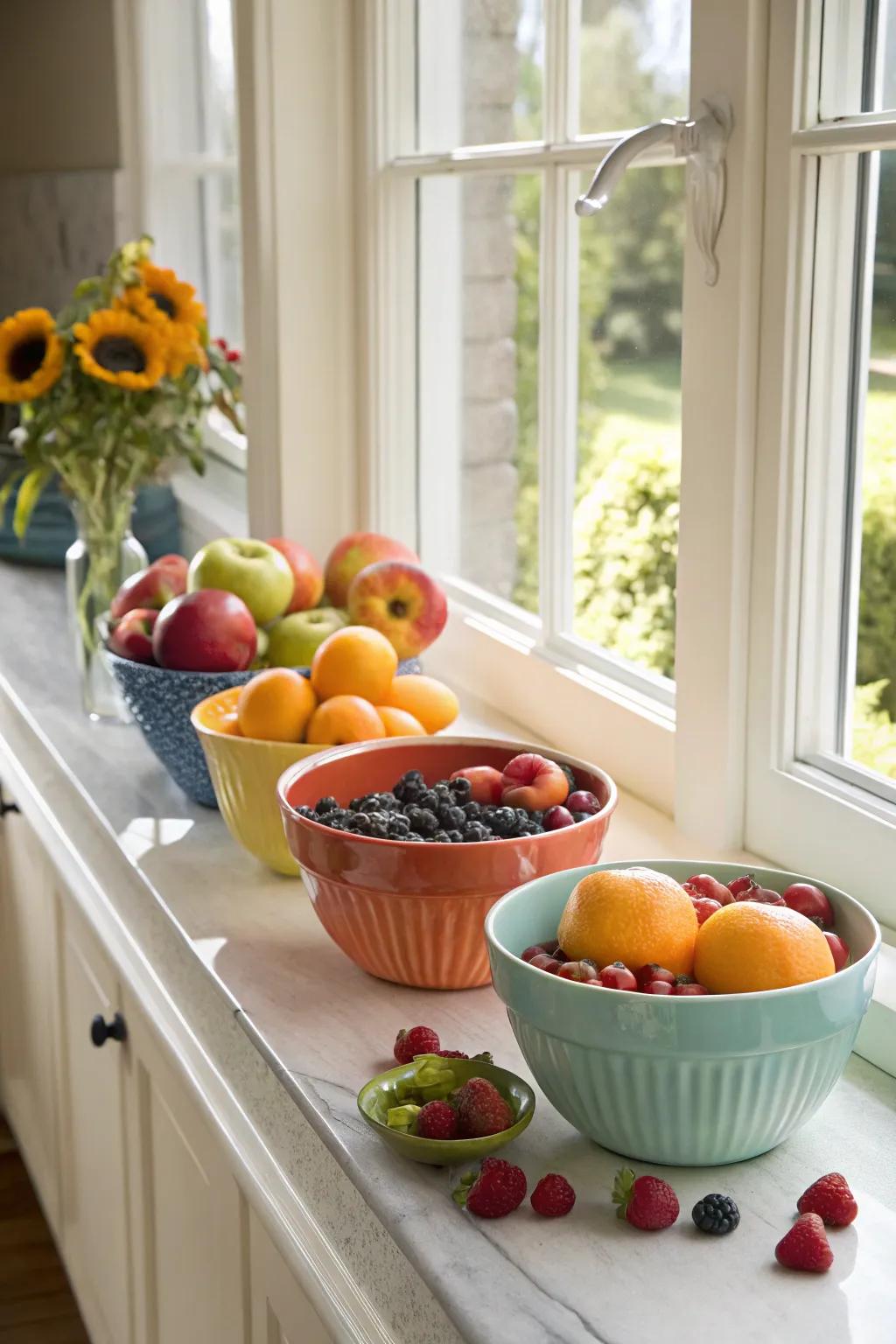Fruit bowls incorporate a burst of color and vitality.