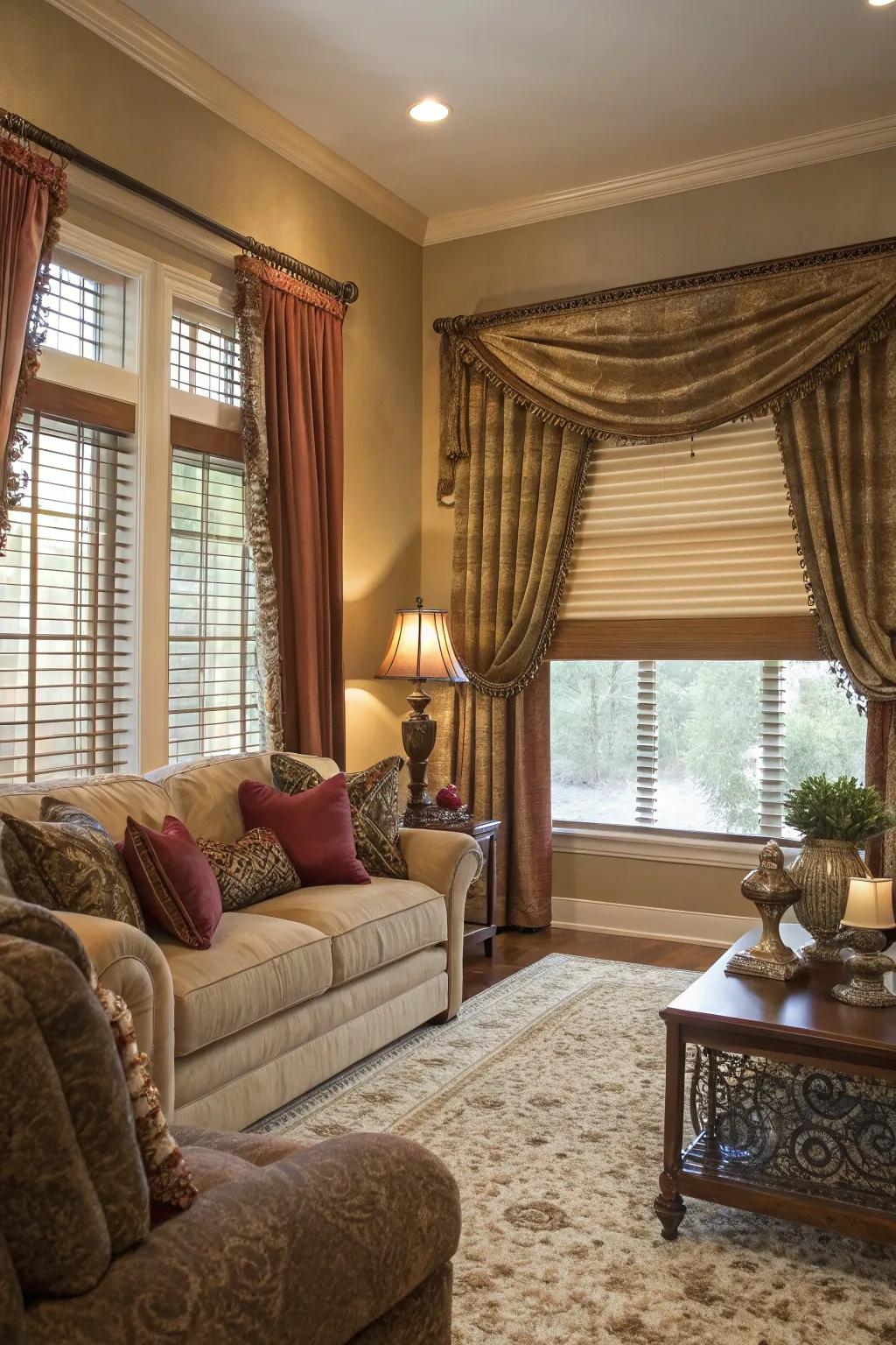 Textured window features adding depth and warmth to the living room.