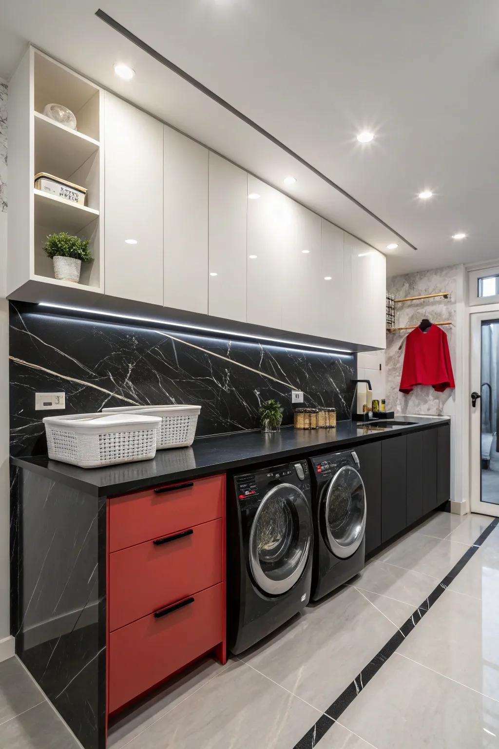 Strong dark countertops make a striking statement.