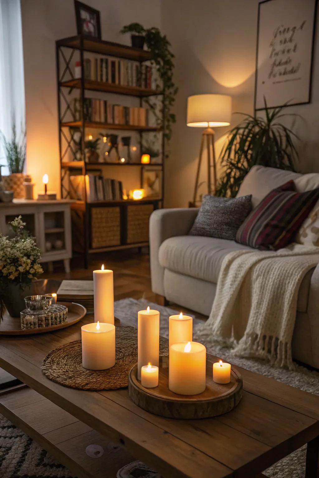 A cozy ambiance created with safe LED candle lighting.