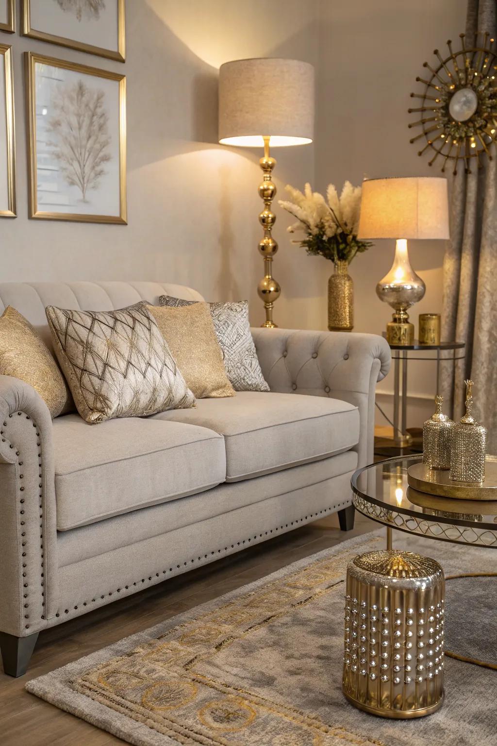 Metallic accents bring a touch of glamour to a pale stone sofa setting.