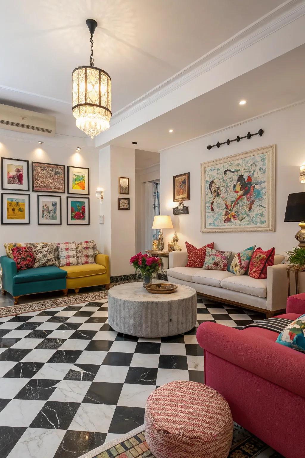 Checkered stone flooring adds a playful yet sophisticated touch.