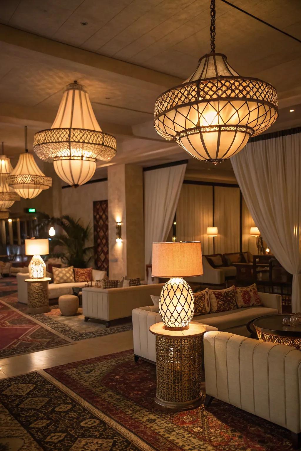 Creative light fixtures give the living room character and light it beautifully.