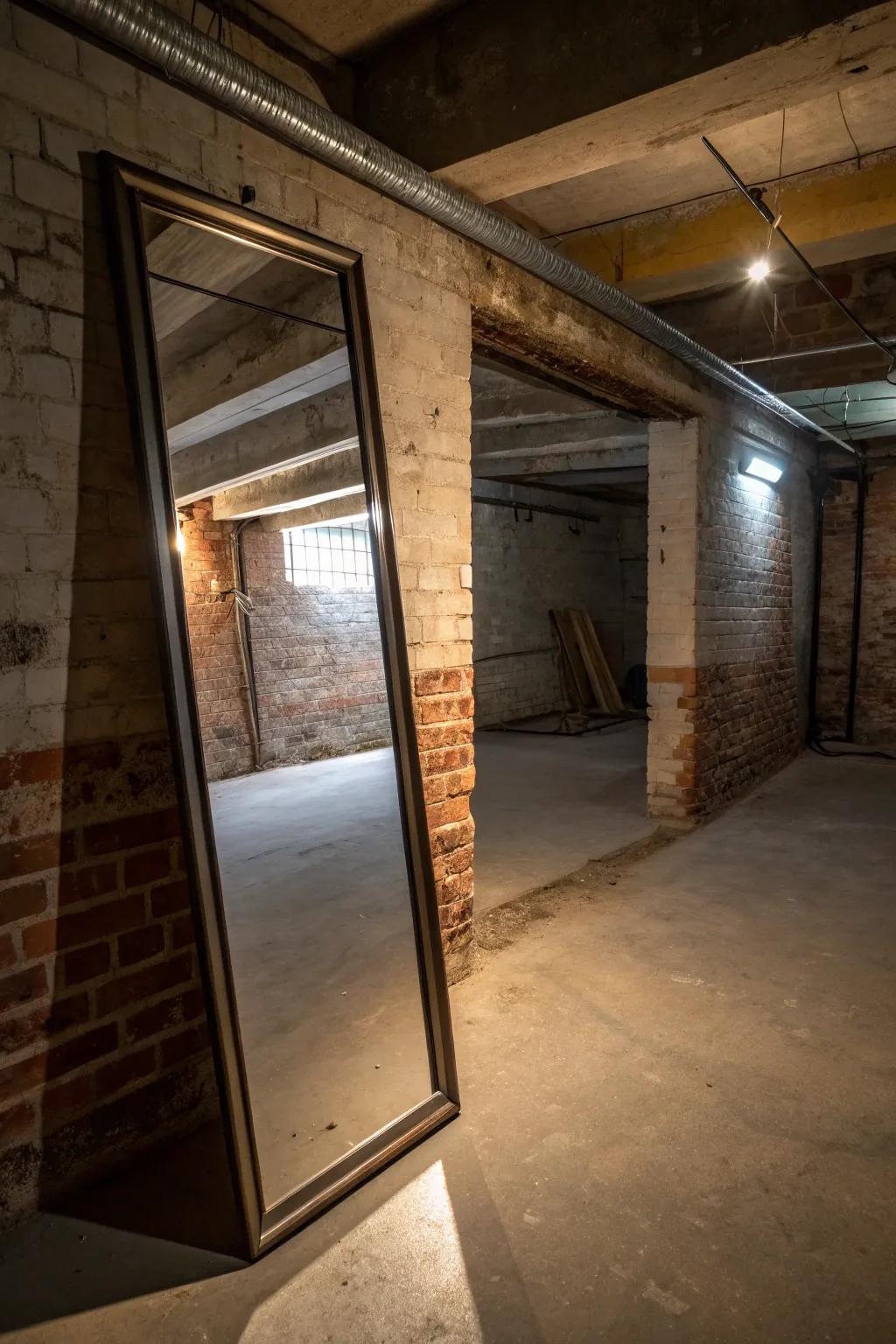 Full-length mirrors add height and brightness to the basement.