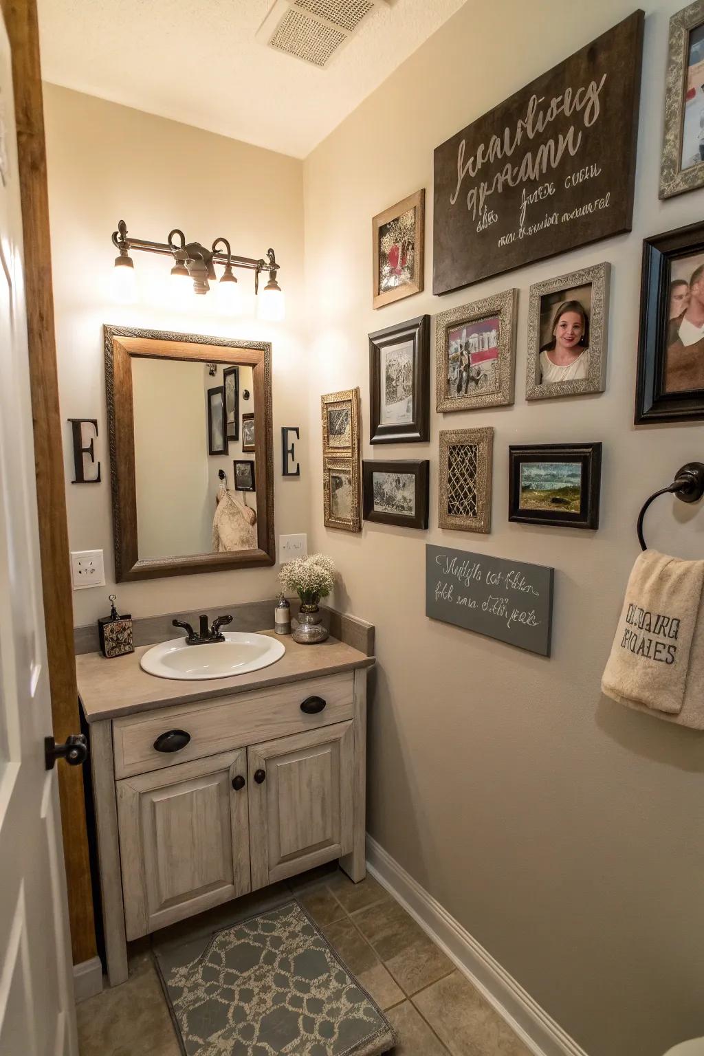 Personal photos and custom signs in a powder room.