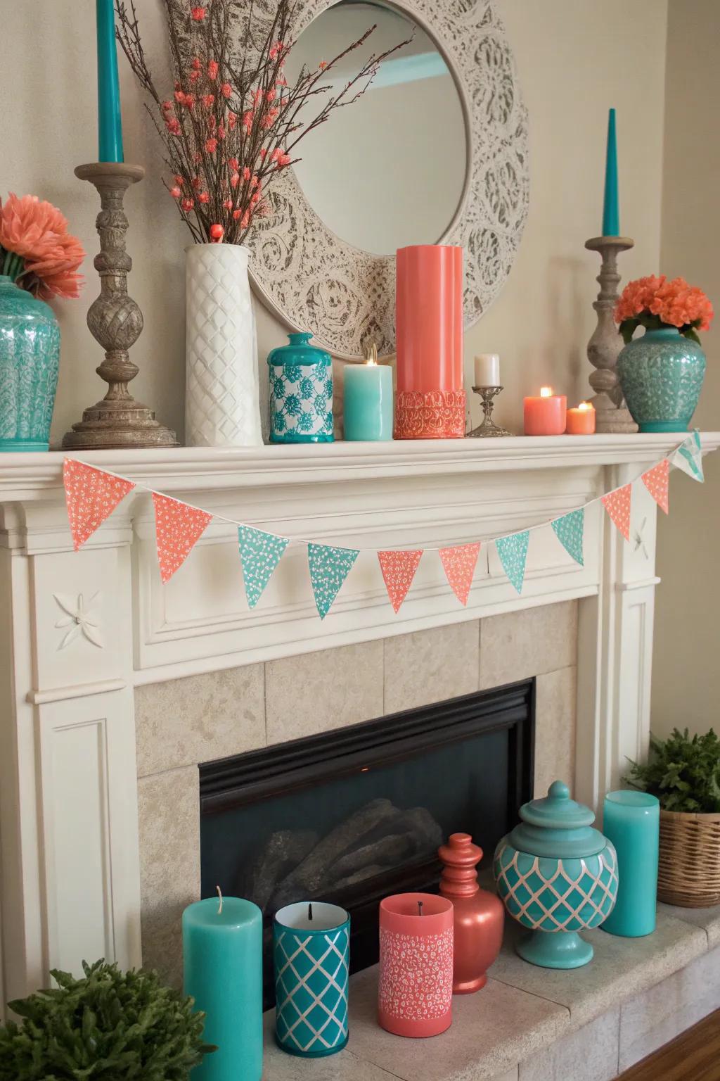 Unexpected colors on your mantel making a bold and personal statement.