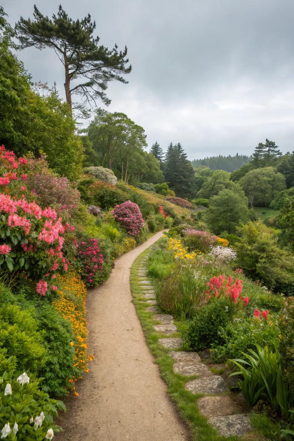 A garden path that follows natural shapes, building accord with the landscape.