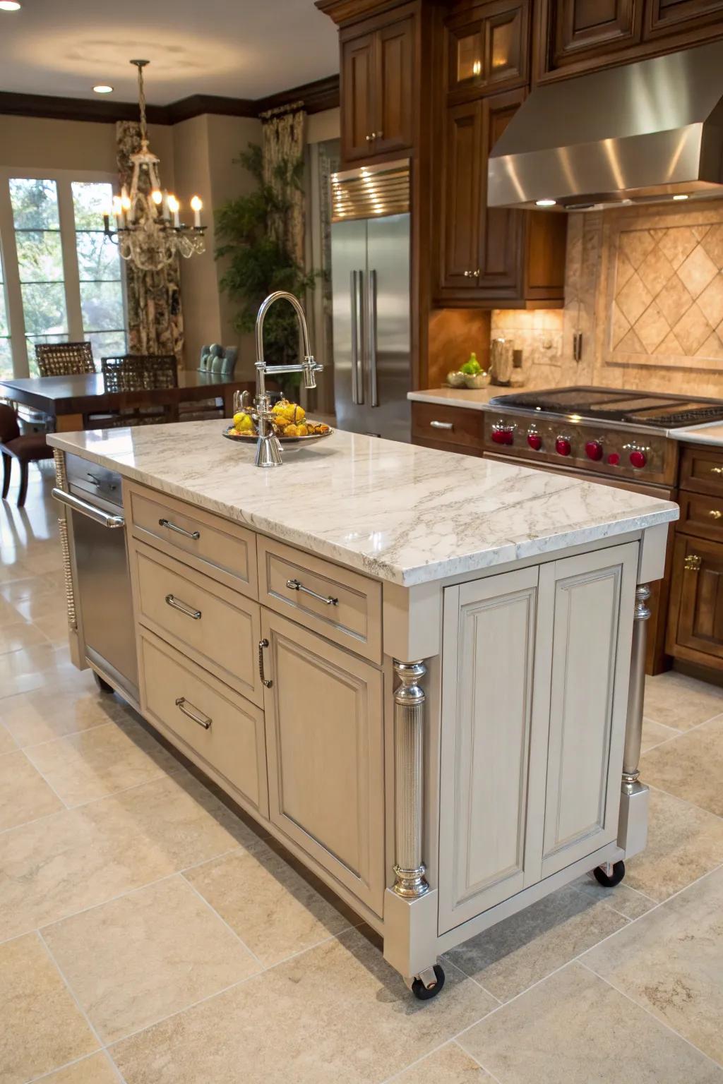 A kitchen island with a magnificent marble top