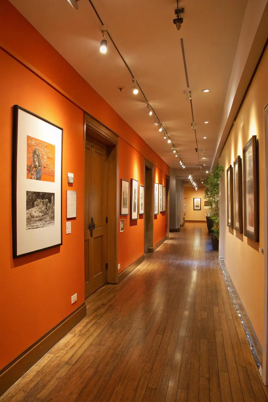 A hallway turned into an artistic haven with an orange-themed gallery wall.