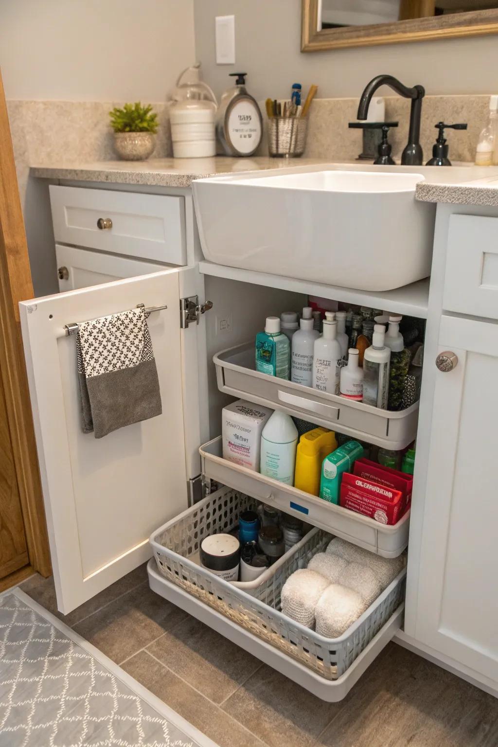 Re-purposed kitchen organizers offer creative storage solutions.