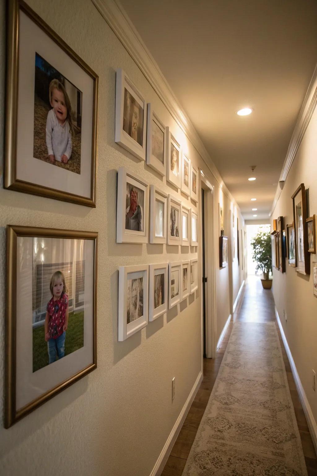A timeline wall capturing family history using frames.
