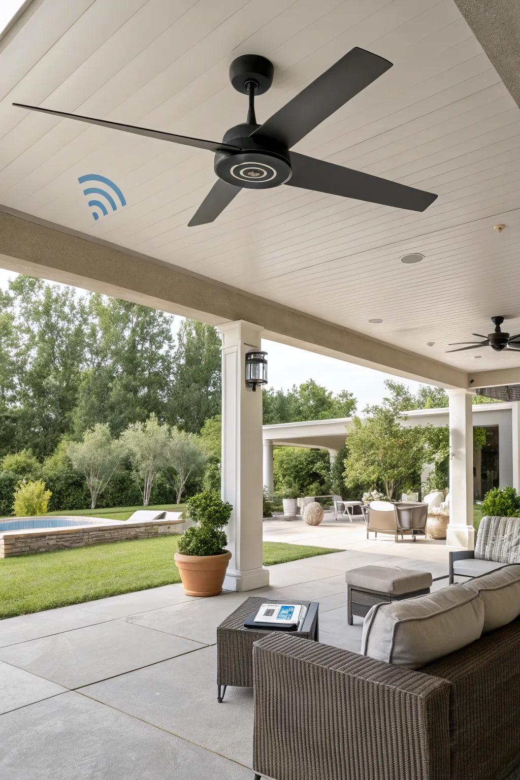 A modern deck with a high-tech smart ceiling fan.