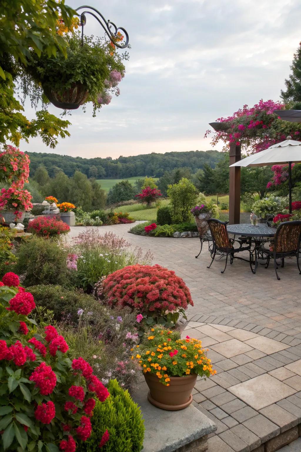 Seasonal flora imparts vitality and hues to permeable patios.