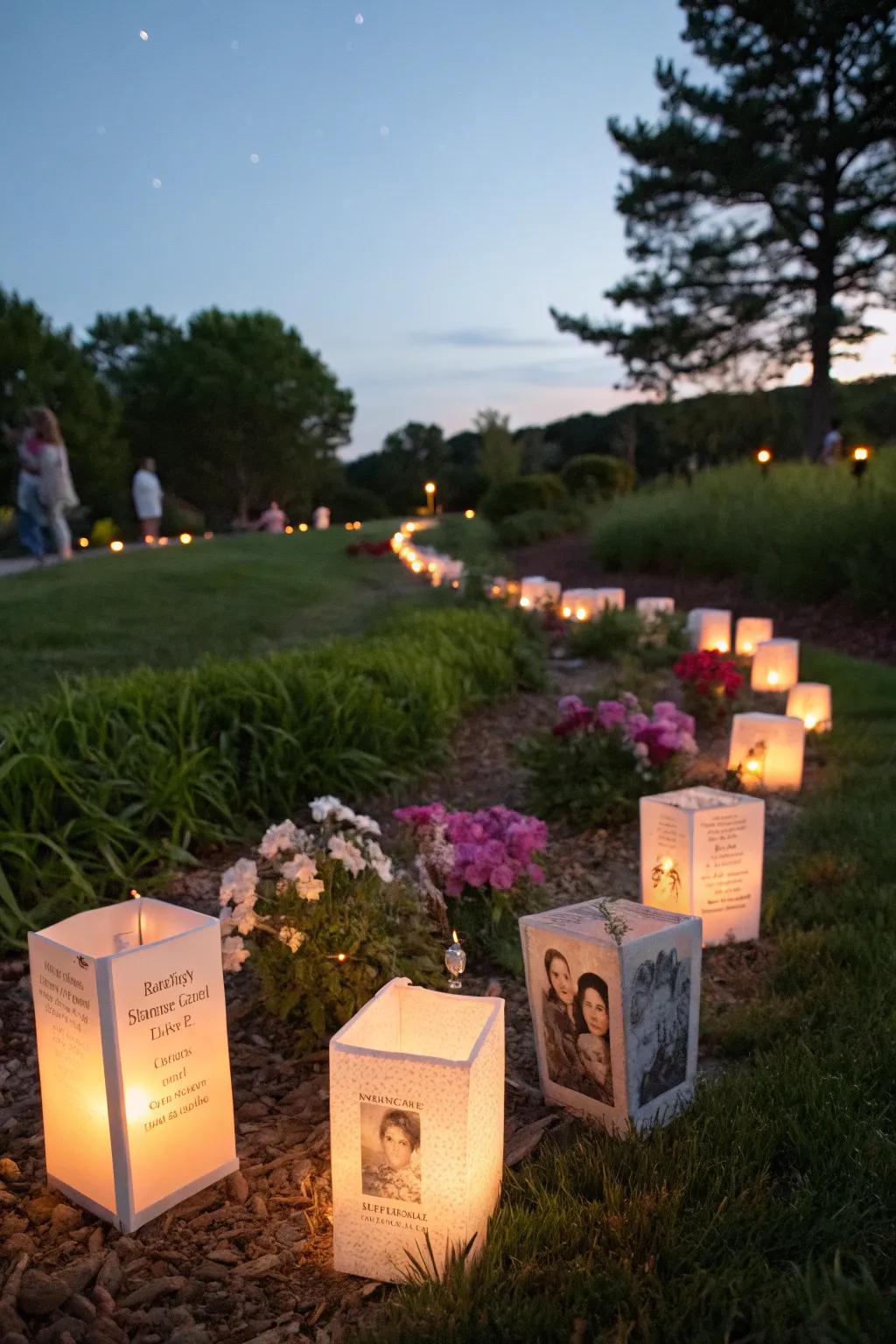 Memory lanterns cast a warm glow, keeping the spirit of your pet alive in the garden.
