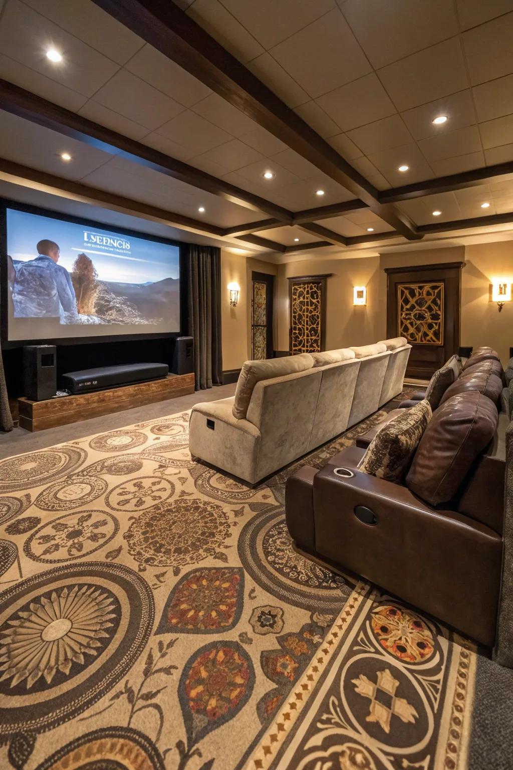 Inventive flooring inlays make media rooms feel special.