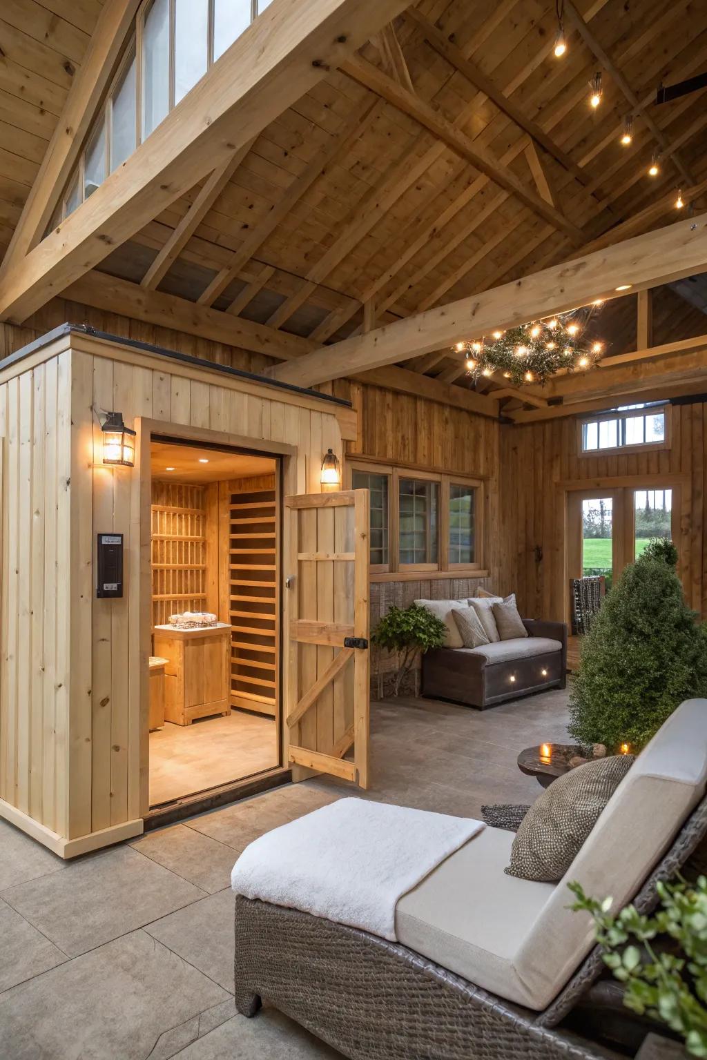 A wellness sanctuary within a pole barn equipped with a sauna and relaxation zone.