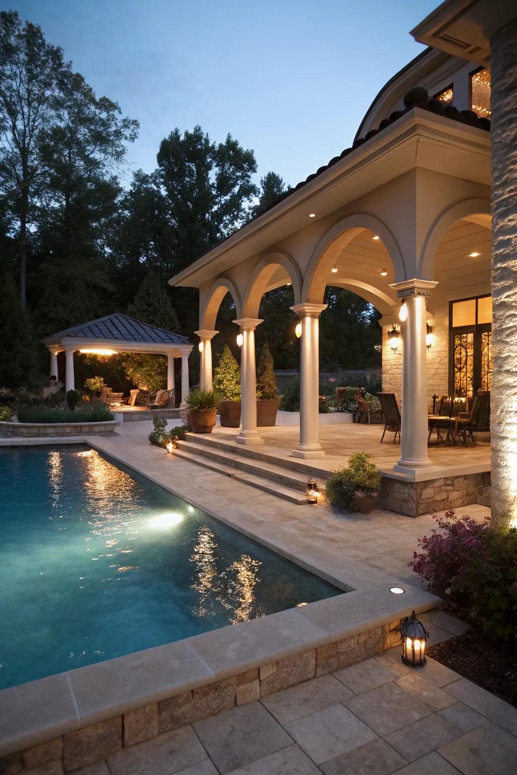 Integrated lighting fashions a seamless transition between house and pool.