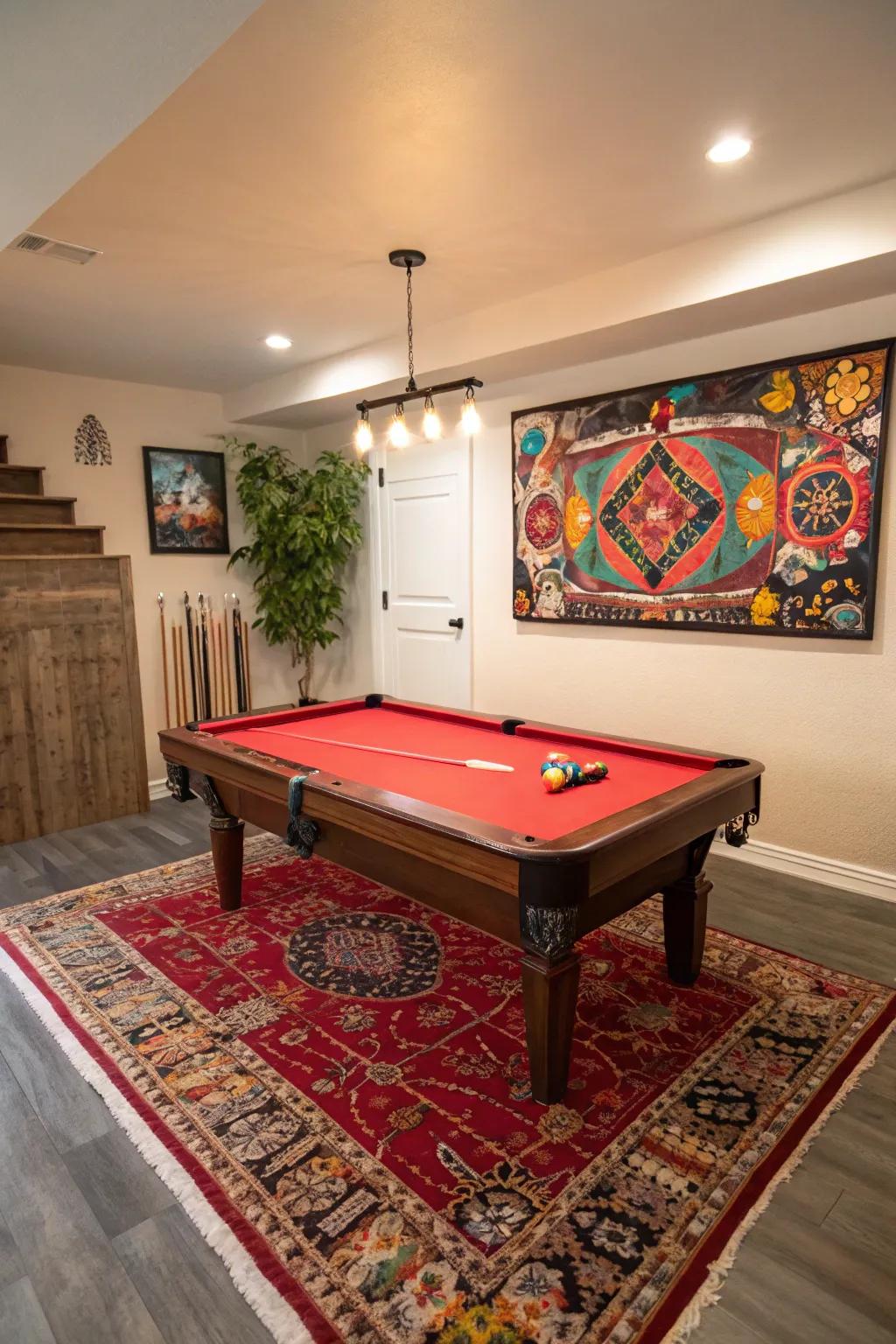 Prominent accents contribute vibrancy and energy to a smaller billiard table setting.