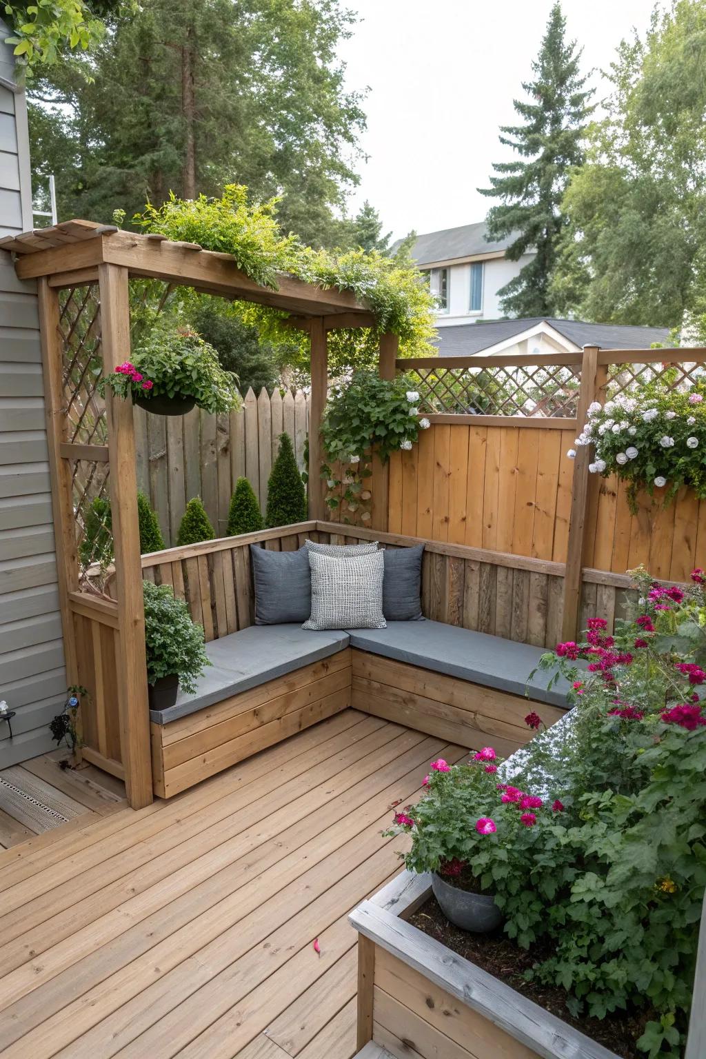 Lofty-back benches fashion an inviting, secluded alcove on a deck.