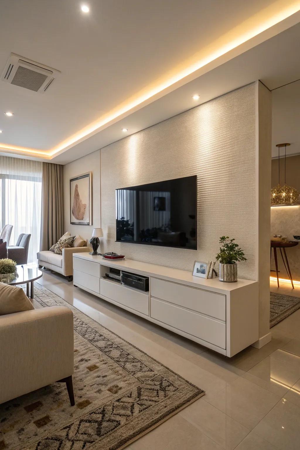 A wall-affixed TV optimizes space and style.