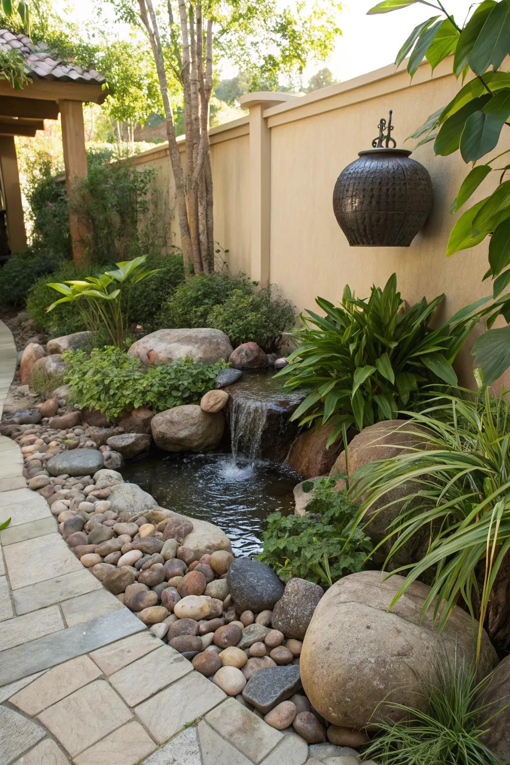 A smooth stone retreat transforms this small space into a lush, tranquil haven.