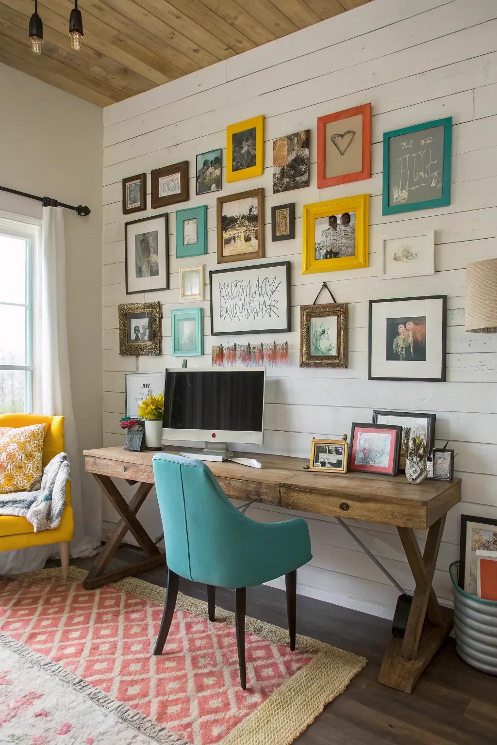 A personal art collection wall adds a unique element to your farmhouse office space. 🖼️ #GalleryWall #PersonalTouch