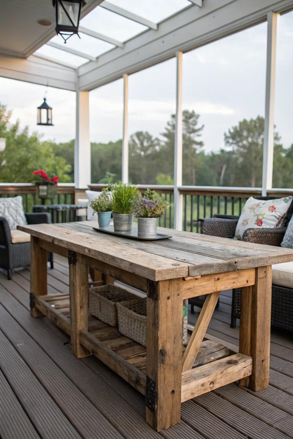 A DIY table made of repurposed wood gives off a rustic vibe.