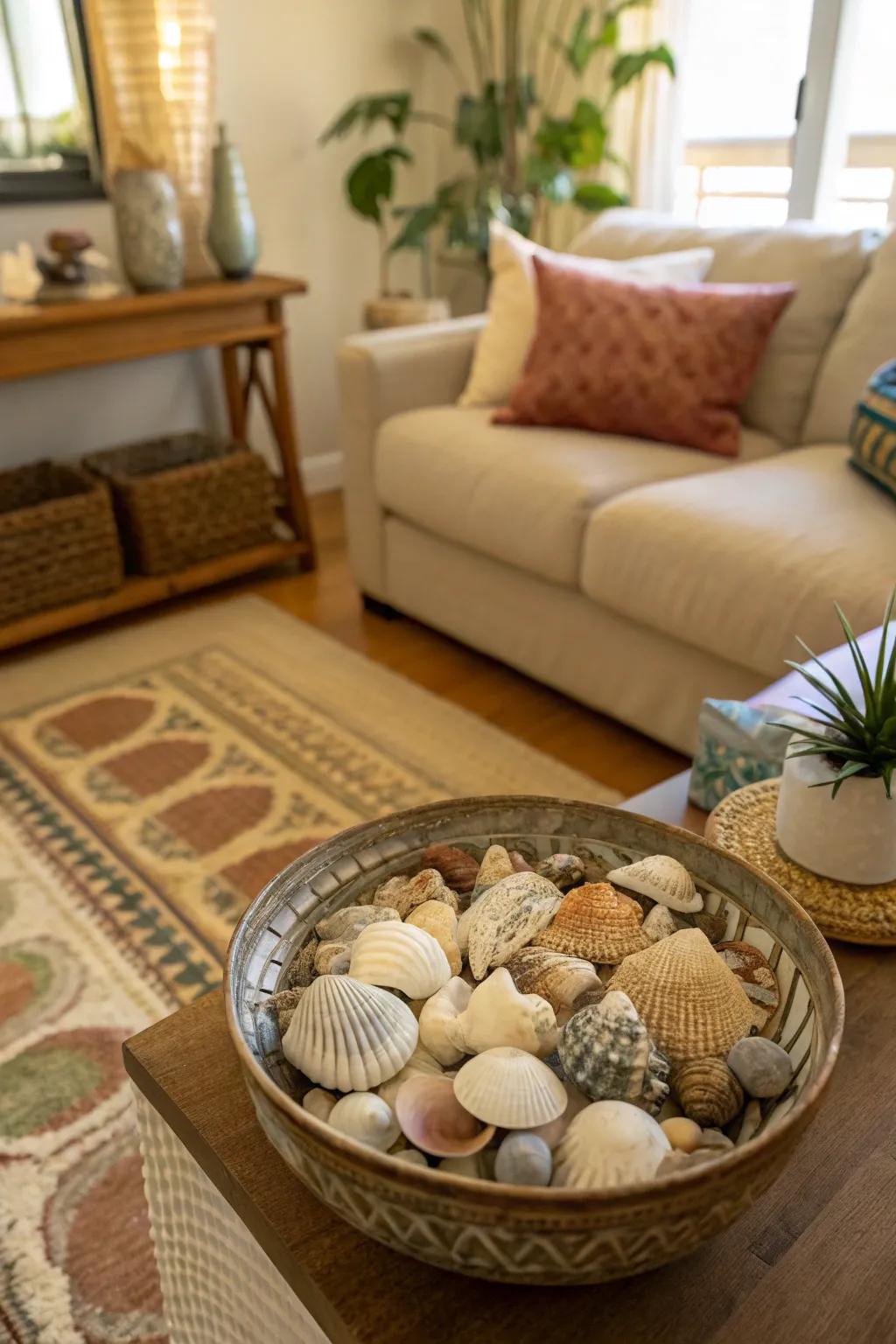 A container of shells provides a simple and welcoming display for every space.