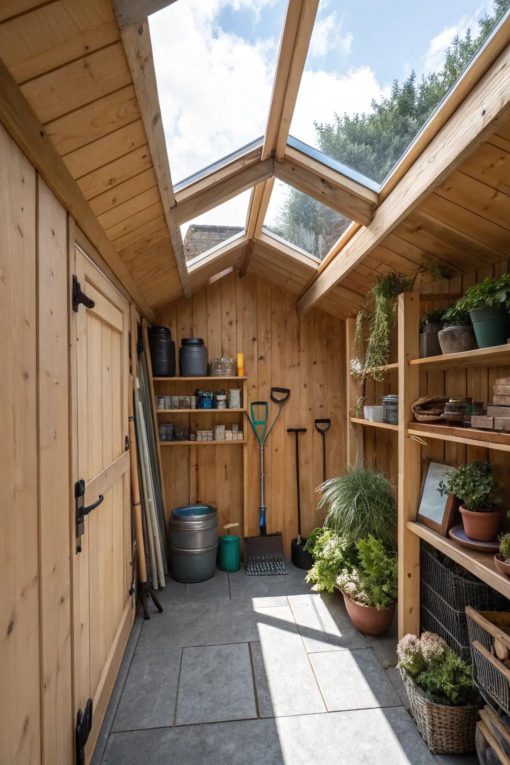 A garden shed featuring a skylight, promising abundant natural light.