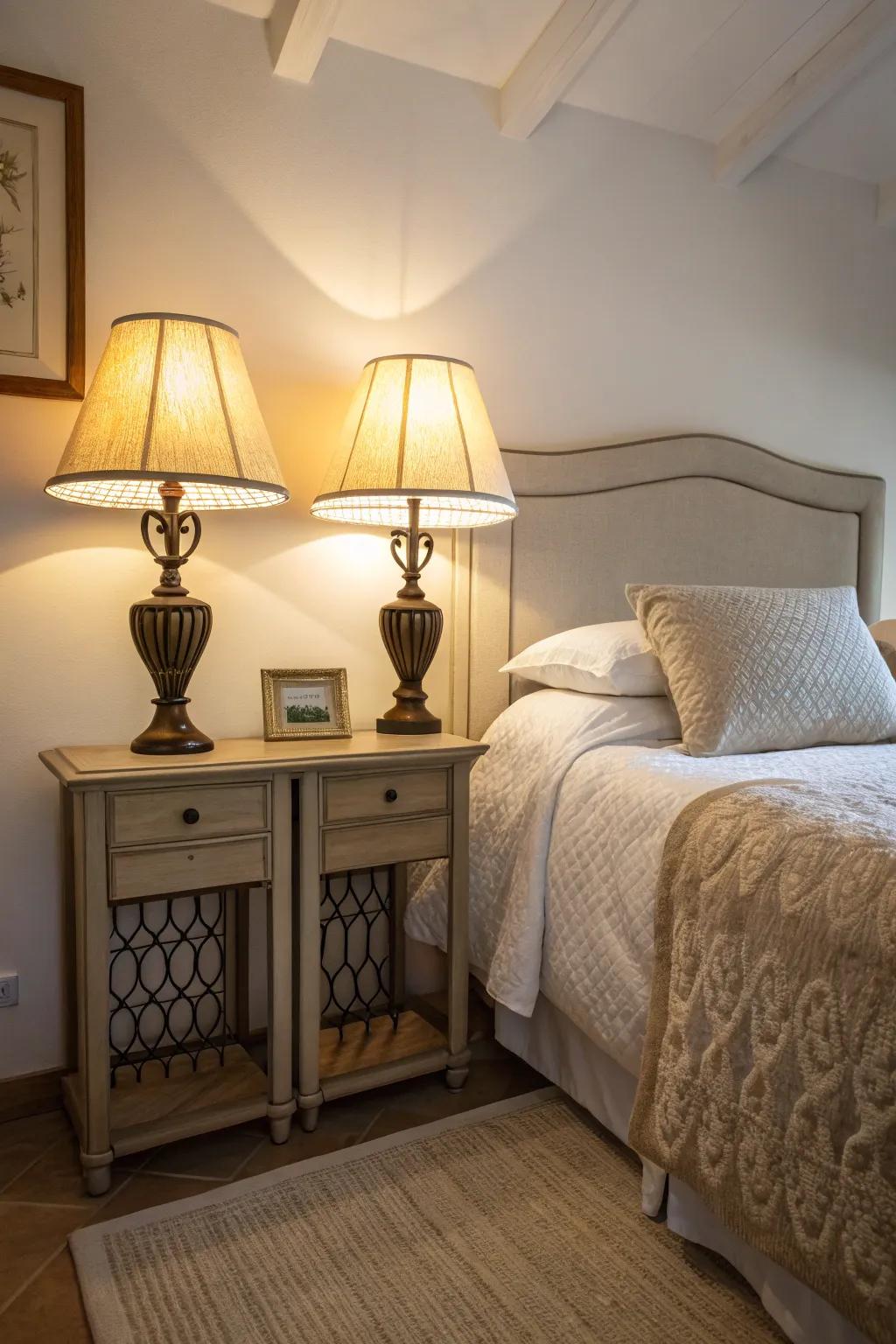 Bedside lights produce a peaceful and stylish bedroom getaway.