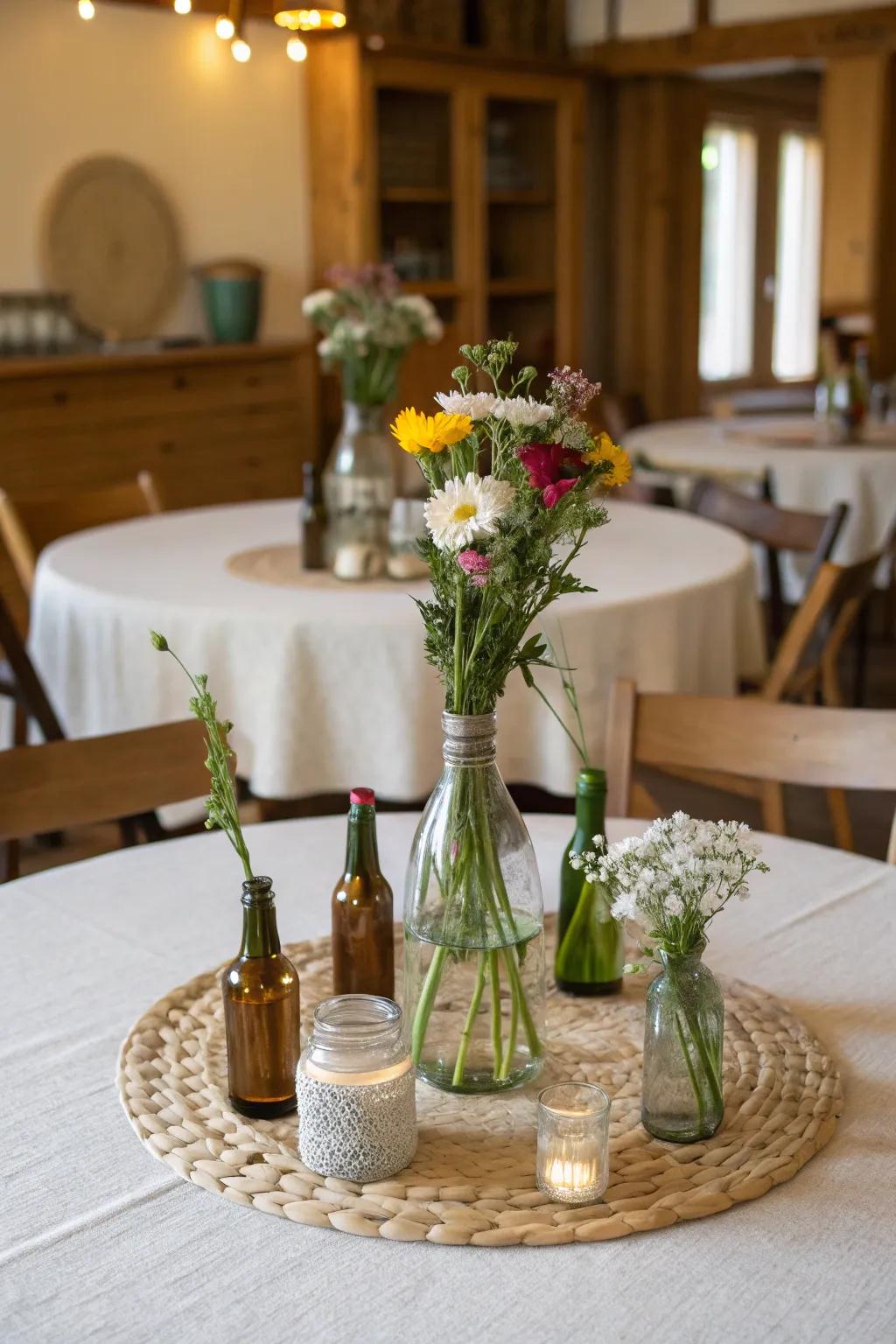 Repurposed glass bottles make for a charming and eco-friendly centerpiece.