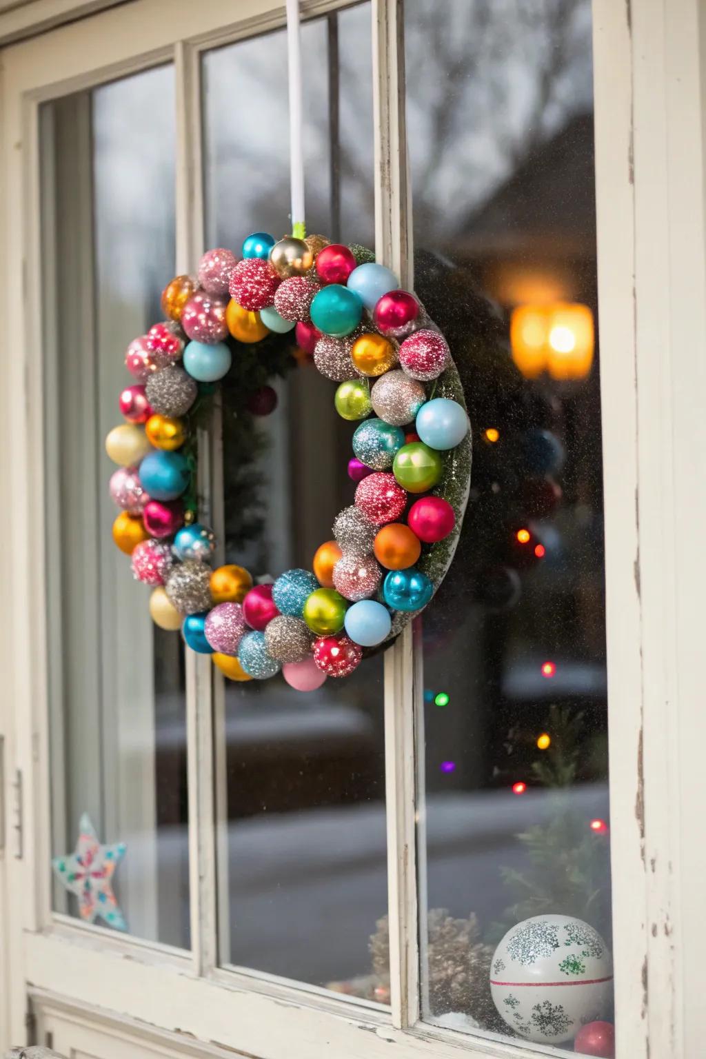 A bauble wreath repurposes ornaments for a colorful display.