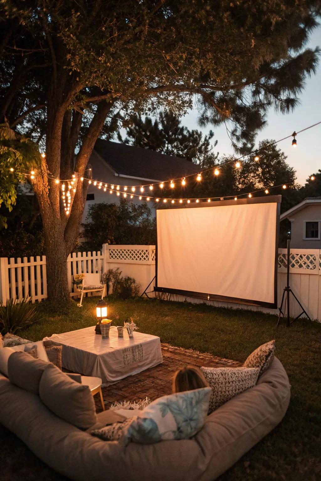 Enjoy a movie under the stars with a charming open-air cinema setup.