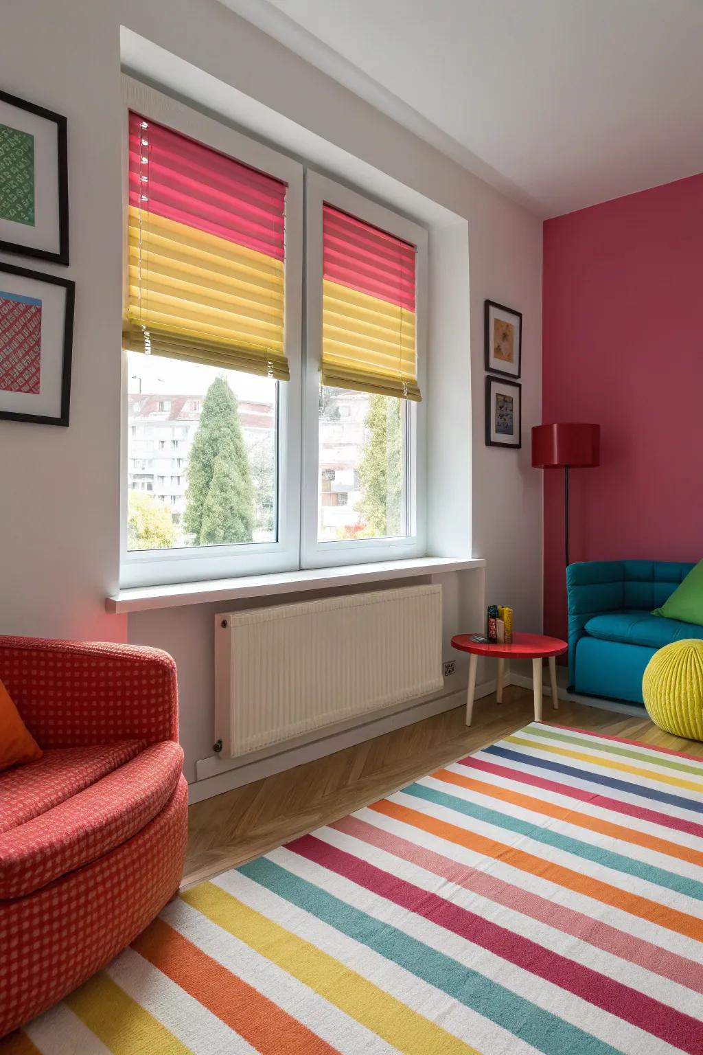 Hue-partitioned window coverings infuse a contemporary, edgy element.