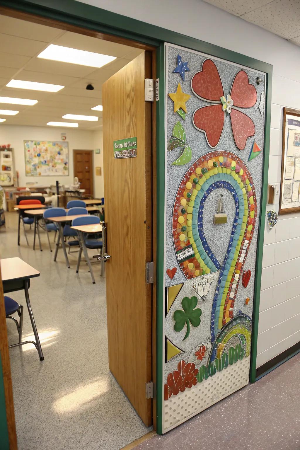 A pattern of fortune symbols created from repurposed materials on a classroom door.