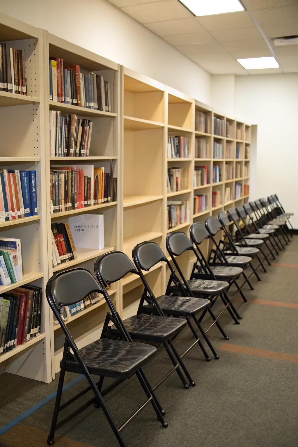 Merge storage and style by using a bookcase for folding chairs.