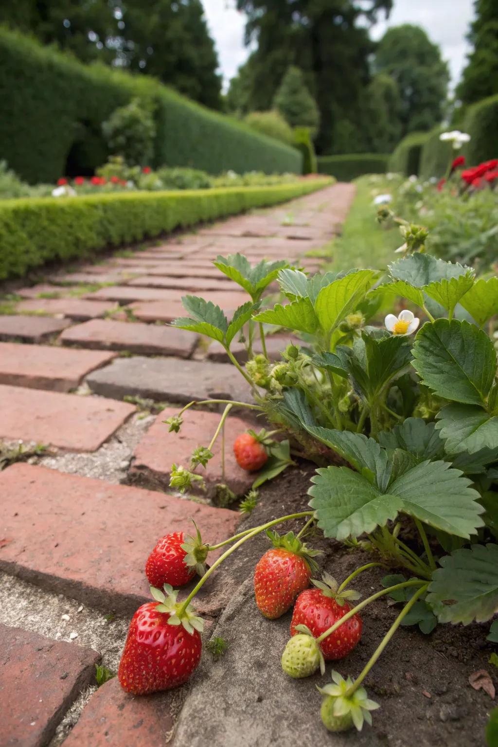 Strawberries growing vigorously in the gaps between pavers.