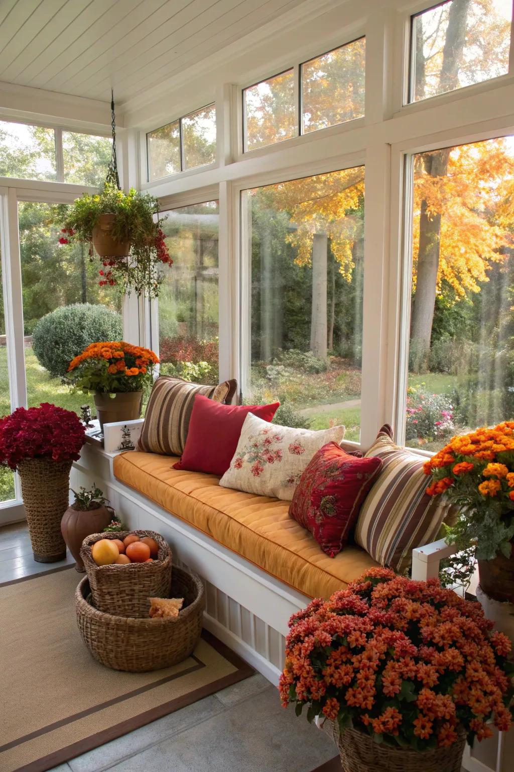 Seasonal decor keeps the sunroom fresh and versatile.