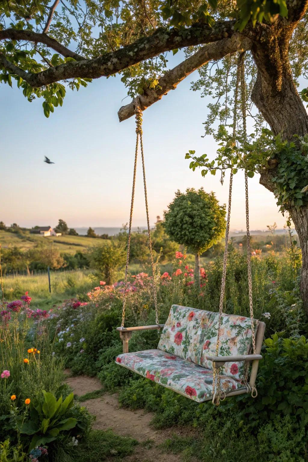A swing made from recycled materials showcases eco-friendly creativity.