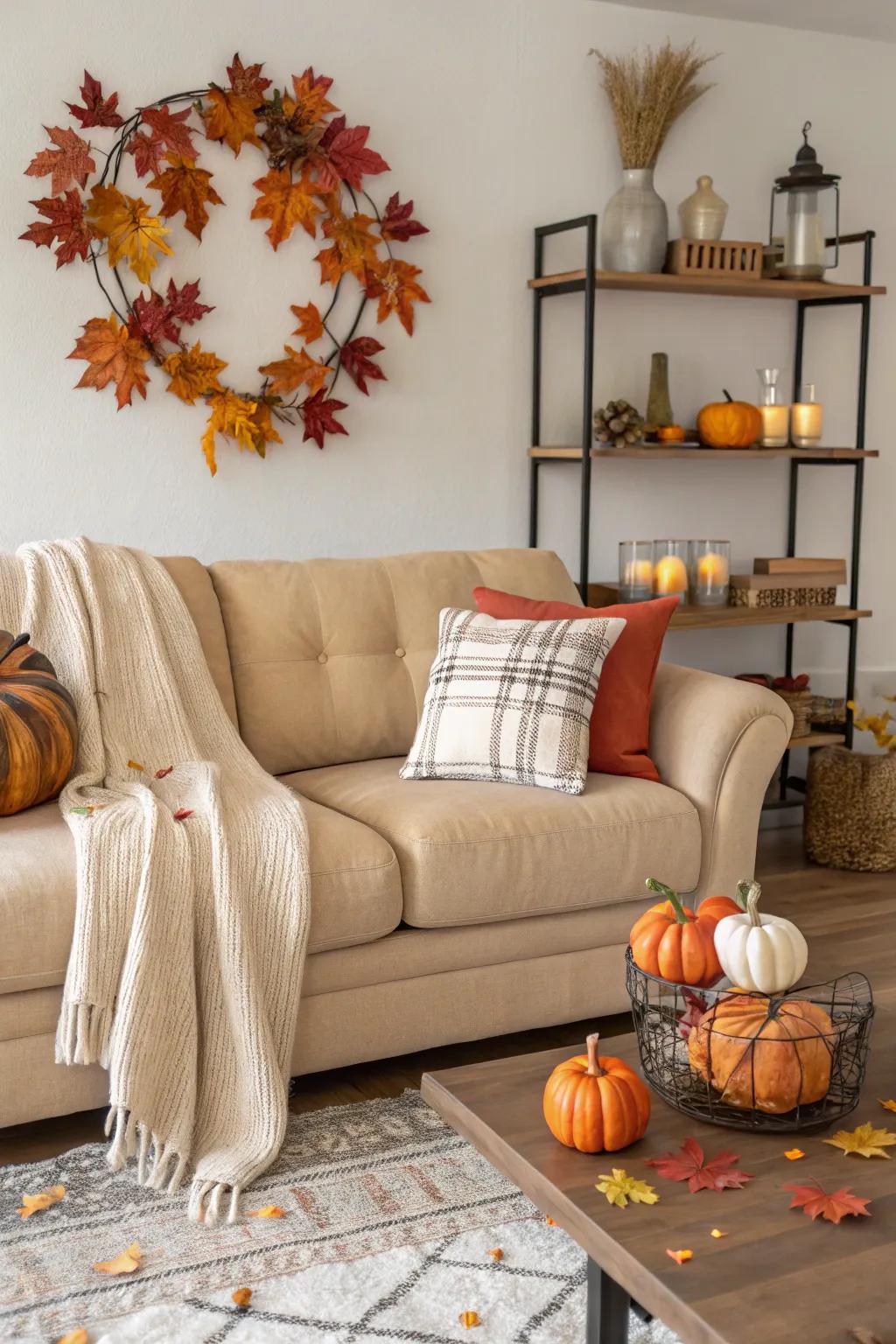 Seasonal decor keeps the living room updated and adaptable.