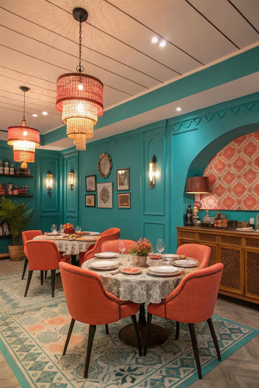 A vibrant, playful dining room is created by teal and coral