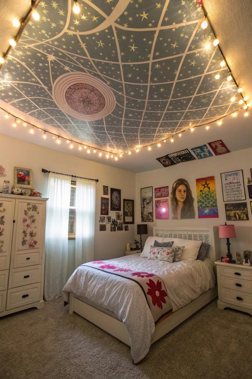 A striking ceiling design introduces an unexpected wow element to a teen girl's room.