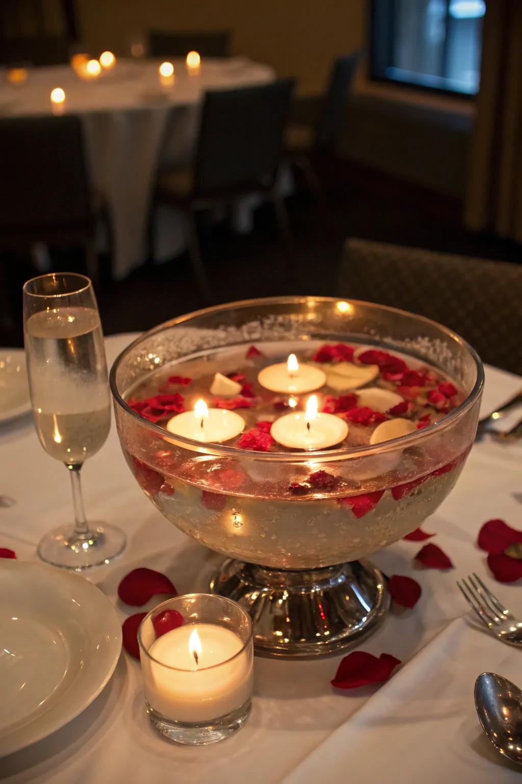 A trifle bowl offering a serene and romantic floating light display.