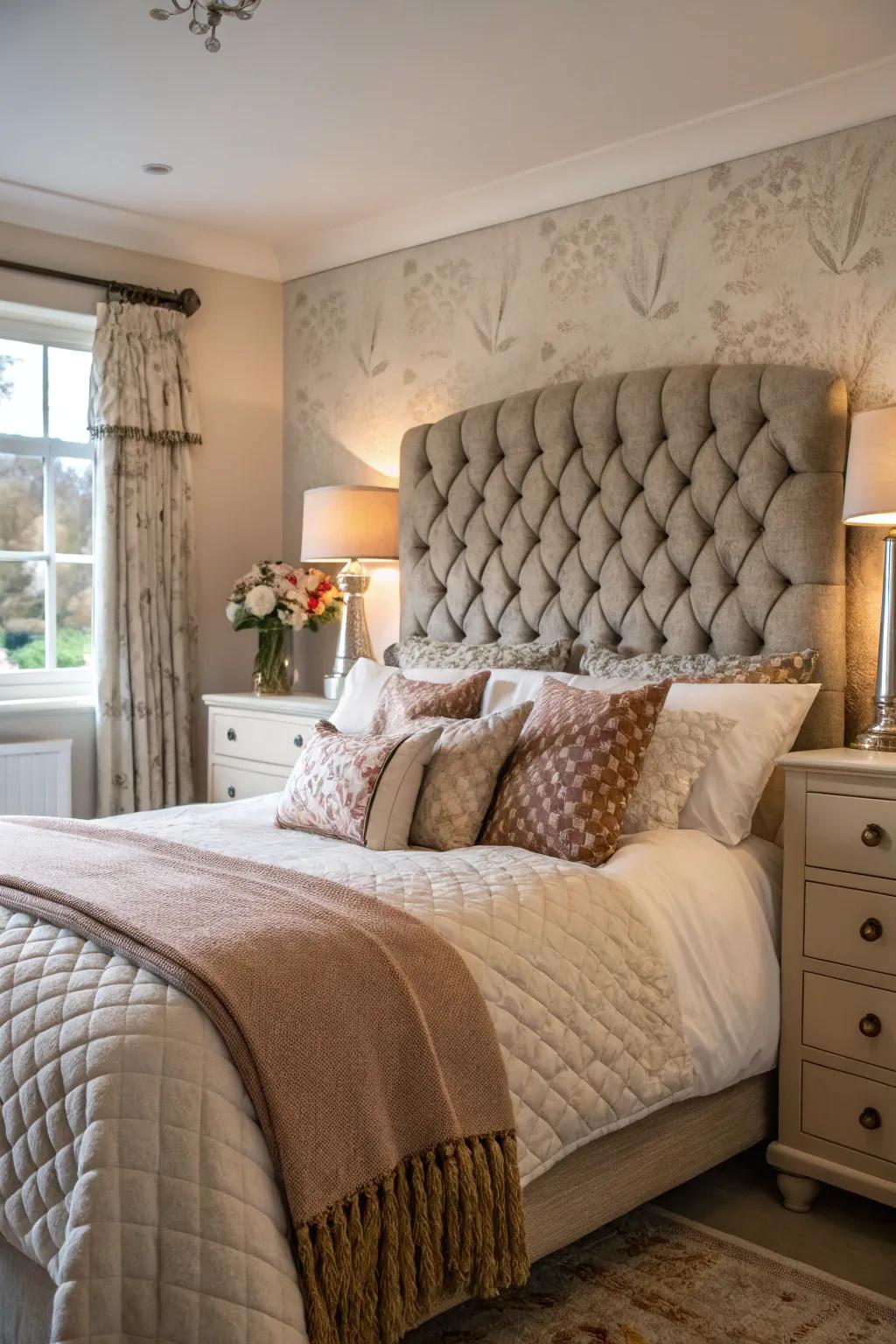 A cozy bedroom with a textured tufted headboard.