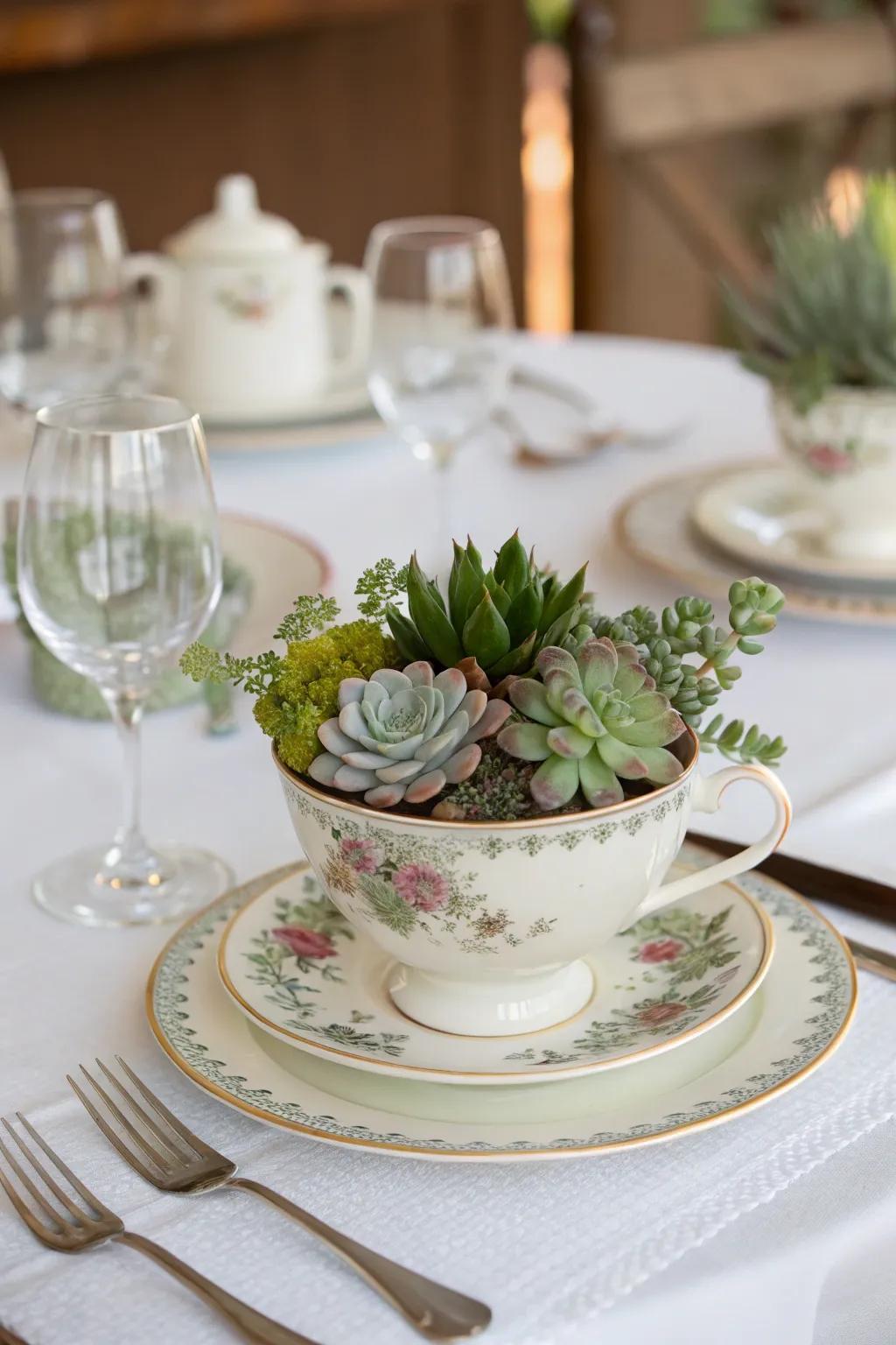 Antique teacups filled with succulents offer nostalgic charm.