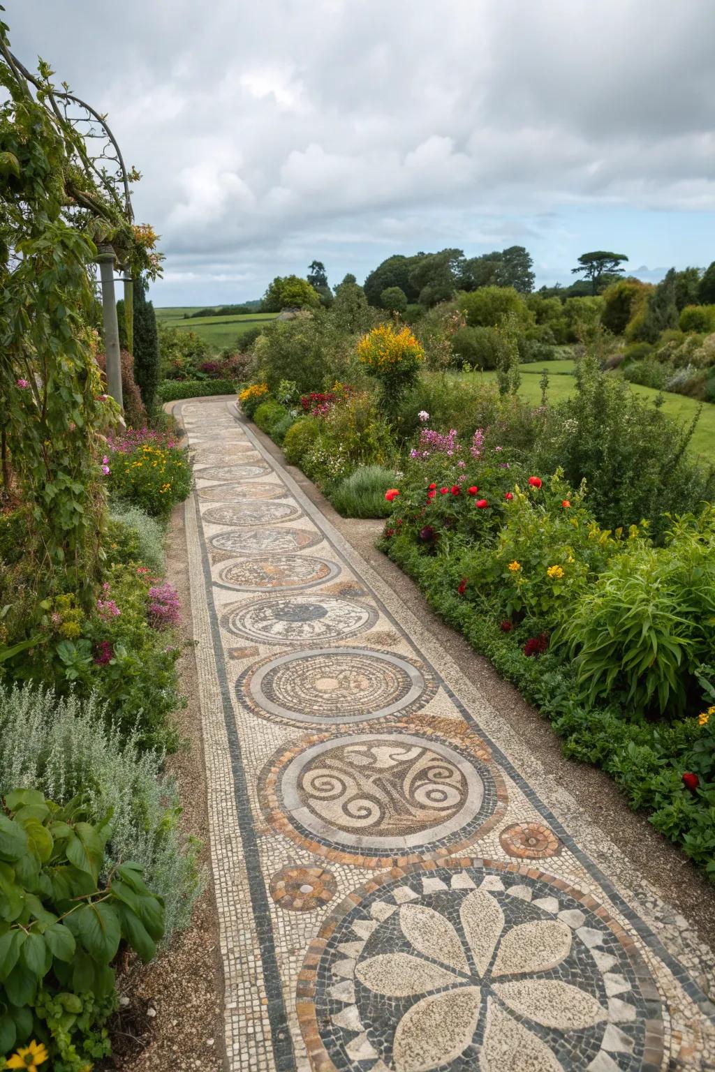 Pebble mosaic paths turn gardens into art.