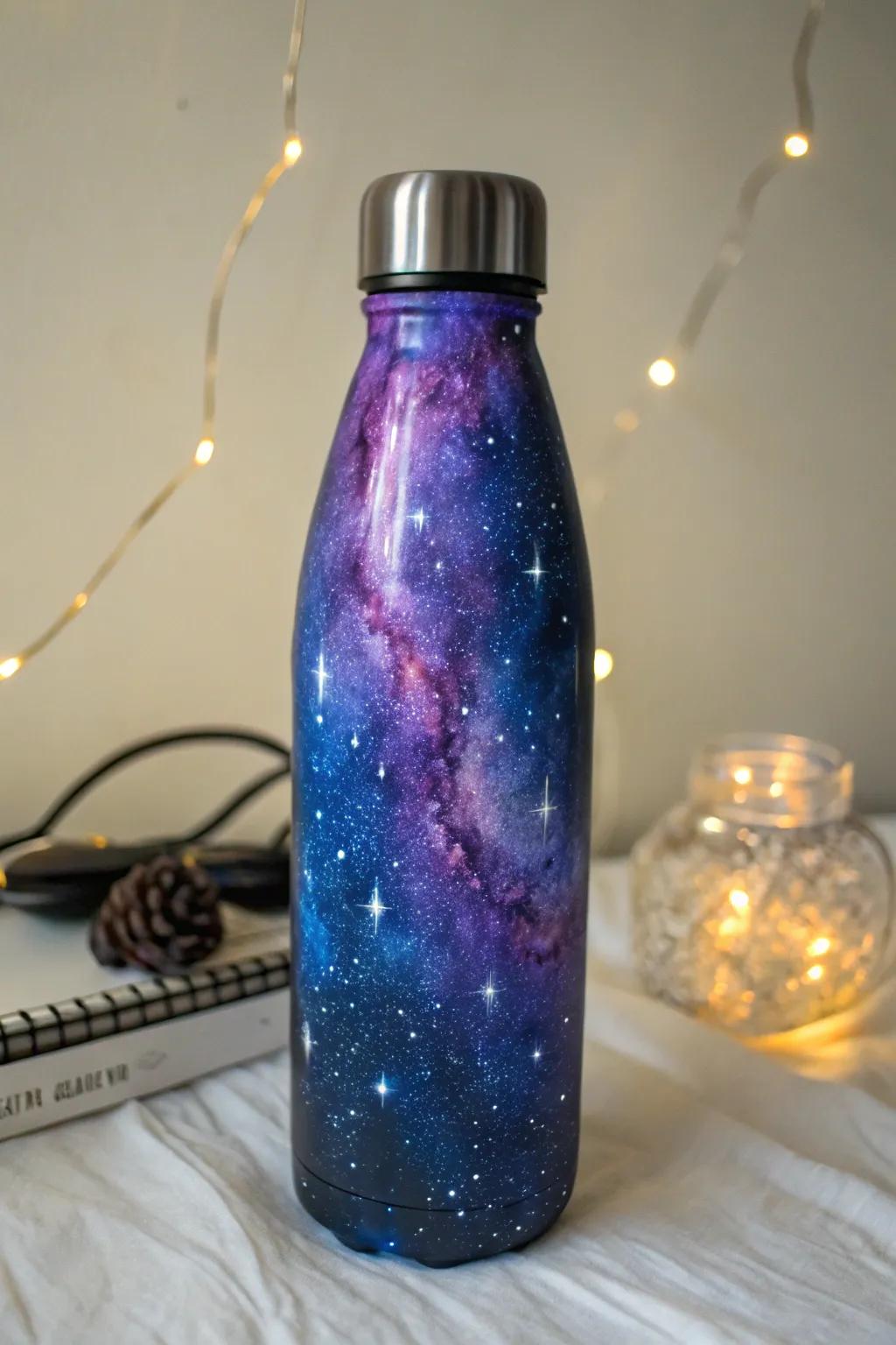 A mystical hydration bottle sporting a cosmic-inspired layout.