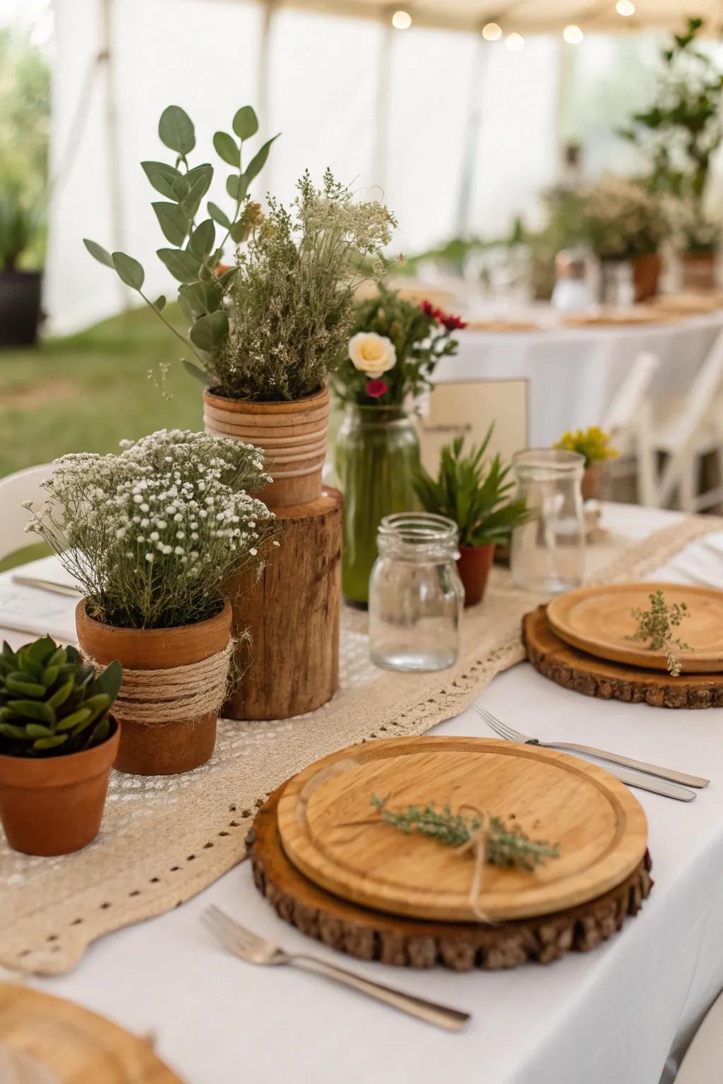 Earth-conscious decor with potted plants for a sustainable wedding.