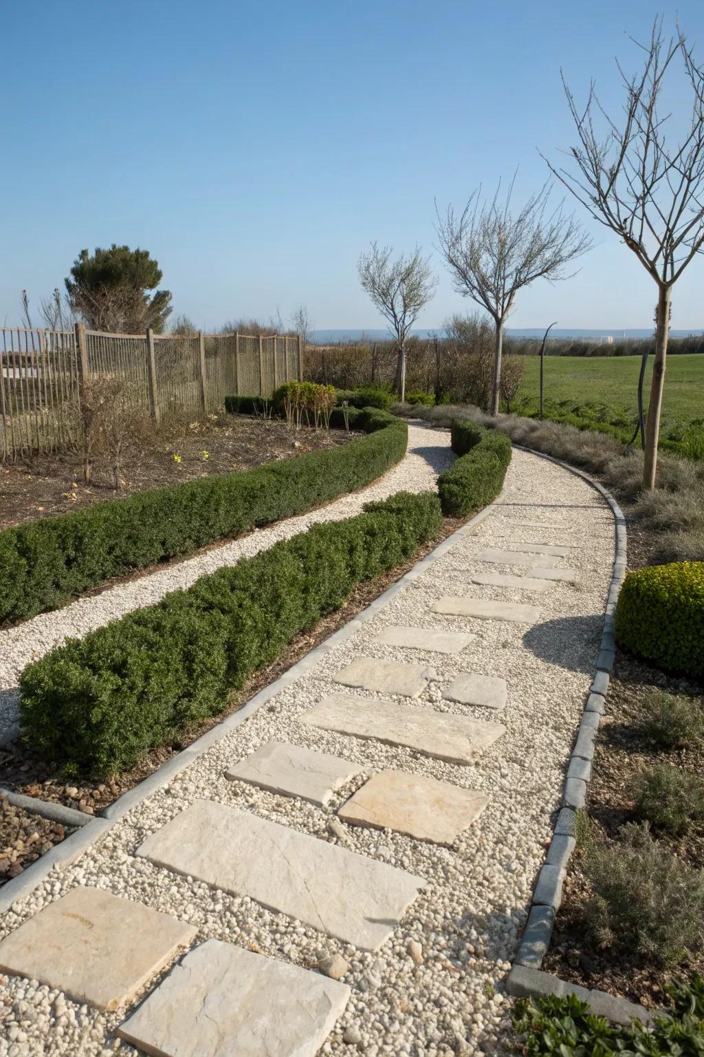 Fine gravel offering a sleek, minimalist option for paver paths.