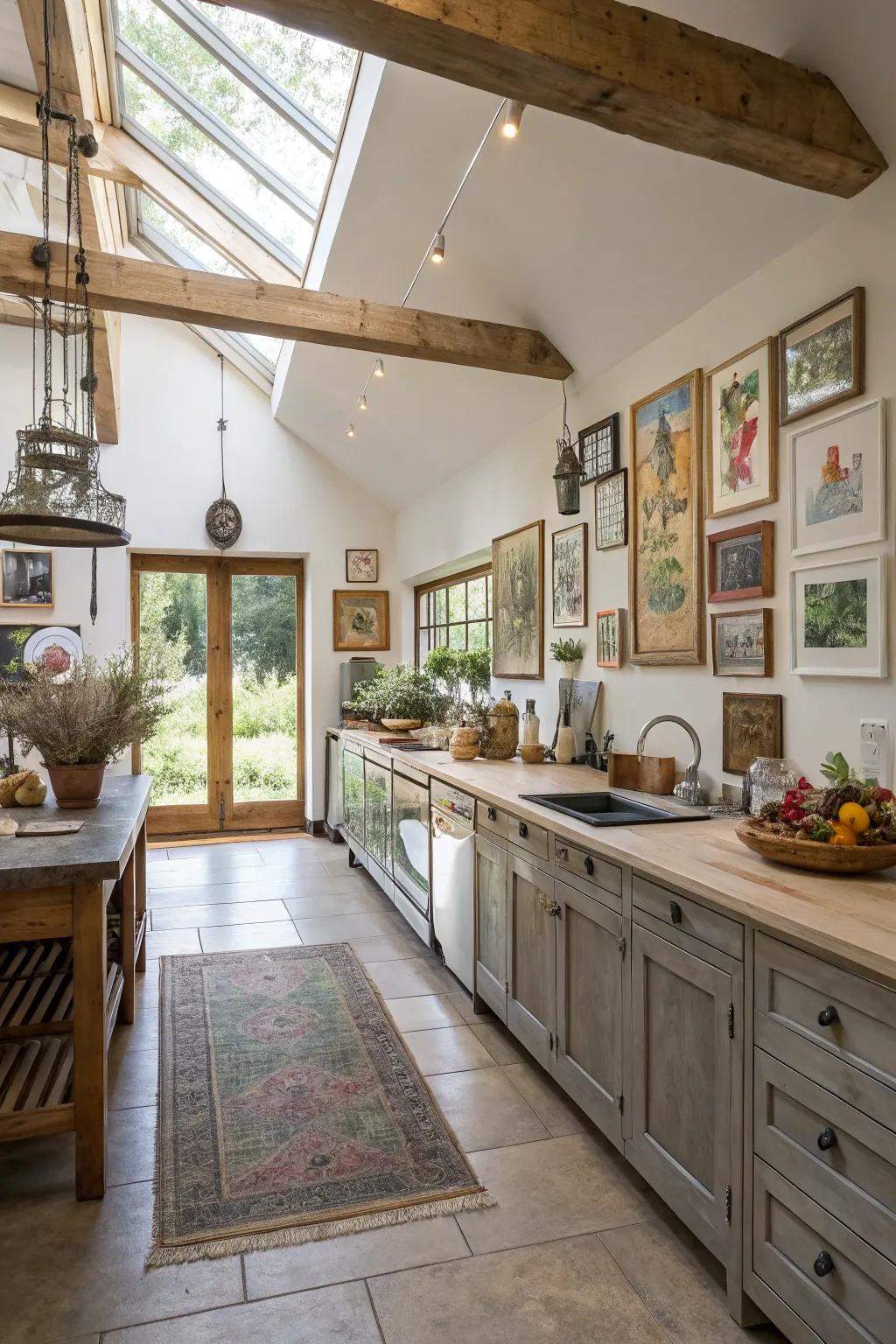 Art and décor infusing a personal touch into a wide galley kitchen.